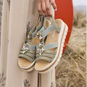 Rieker V4949-52 - Rieker Sandalen Grün (Rieker Damen Sandalette Keilabsatz Grün)