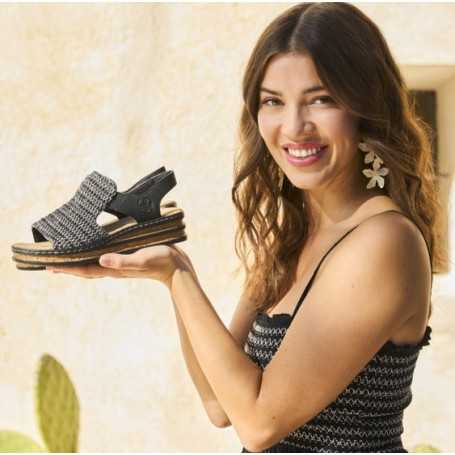 Rieker 62971-00 - Rieker Damen Sandalen Schwarz (Rieker Damen Keilsandaletten in Schwarz)